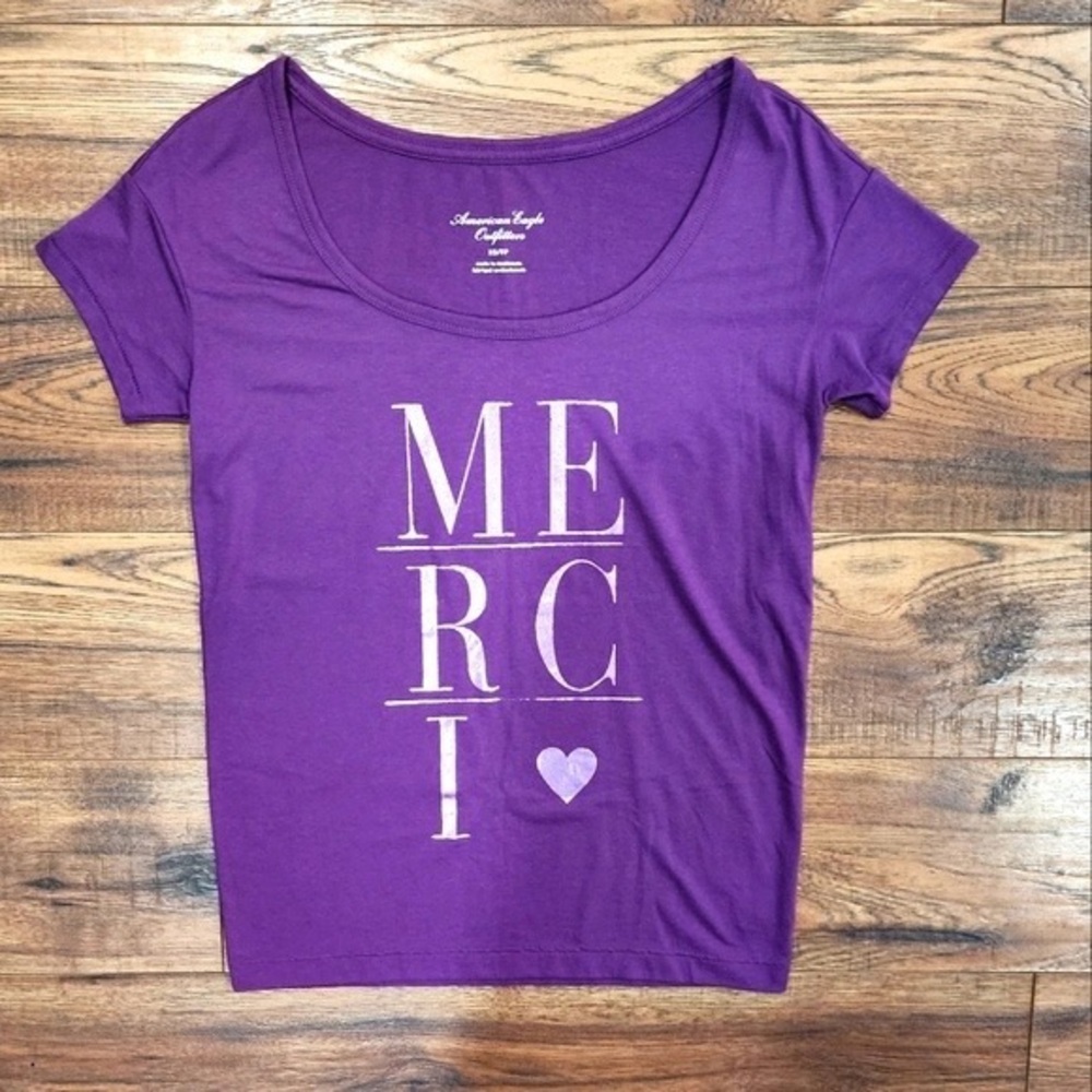American Eagle Outfitters Purple 'MERCI' Scoop Neck Graphic Tee